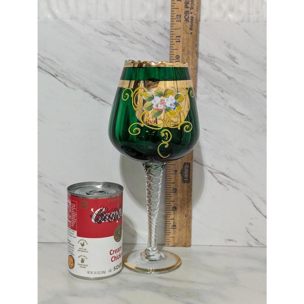 Vintage Green Bohemian Glass Hand-Painted Floral & Gold Glass with Twisted Stem